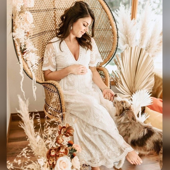 PinkBlush White Lace Mesh Overlay Maternity Dress - Picture 2 of 12